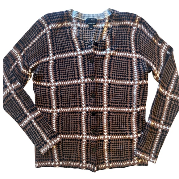 Talbots Sweaters - Talbots Petites 100%‎ merino wool black and brown patterned cardigan.